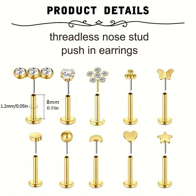 1pc 16G Stainless Steel CZ Lip Labret Ring Flat Back Tragus Helix Cartilage Forward Spiral Earrings Women Men Piercing Jewelry