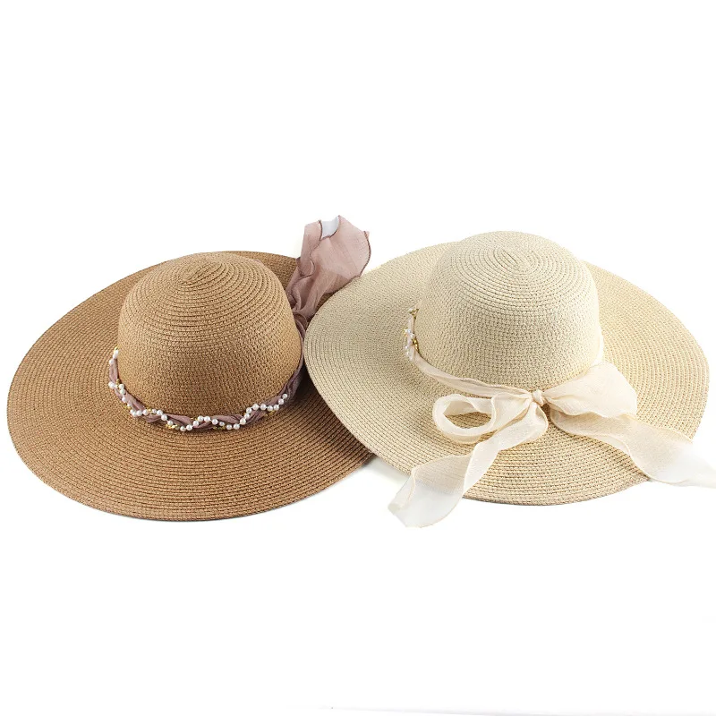 Korean Style Women's Spring Summer Straw Hat, Wide Brim Sun Protection Cap,Round Top Beach Hat Wholesale