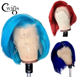 Short Bob Cut Straight Blue Blonde Red Color Glueless Synthetic 13X4 Lace Front Wig for Black Women Drag Queen Daily Cosplay