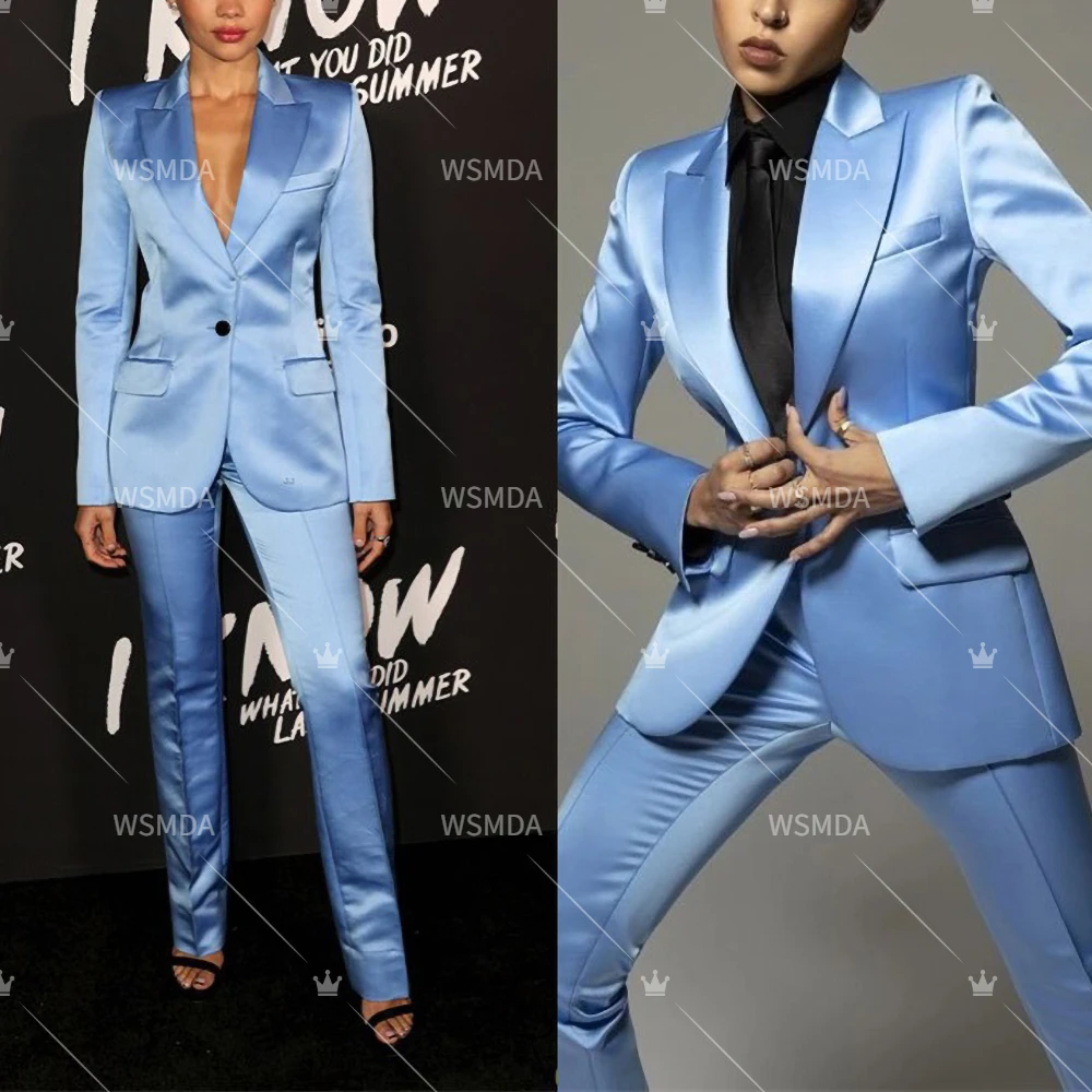 2023 Women Suits Fashion Peak Lapel One Button Satin Blazer Office Lady Formal Casual Slim Fit Pants Set 2 Piece Jacket Pants