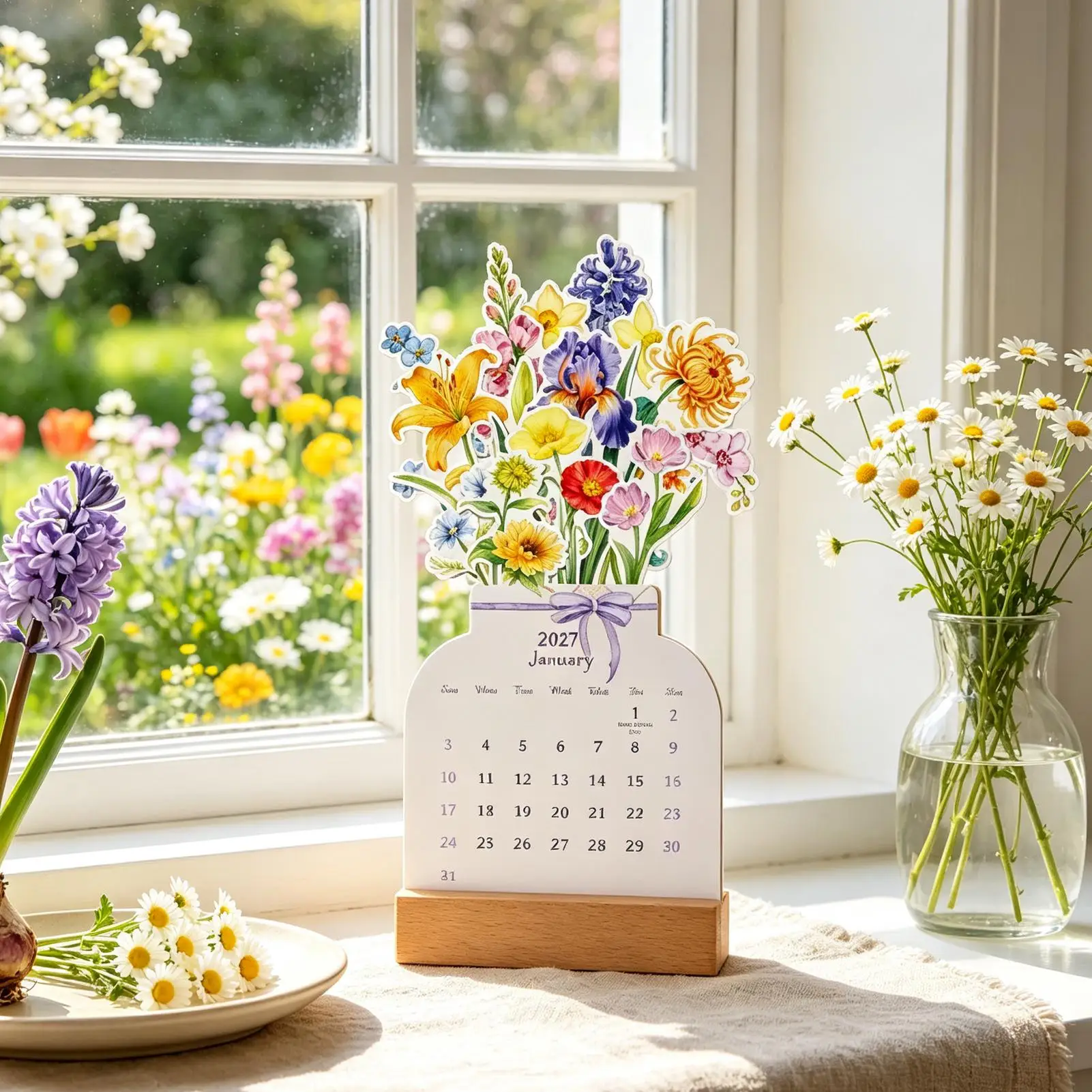2027 Creative Floral Desk Calendar Detachable Vase Shape Wooden Base Blooming Flower Standing Calendar Office Table Decoration