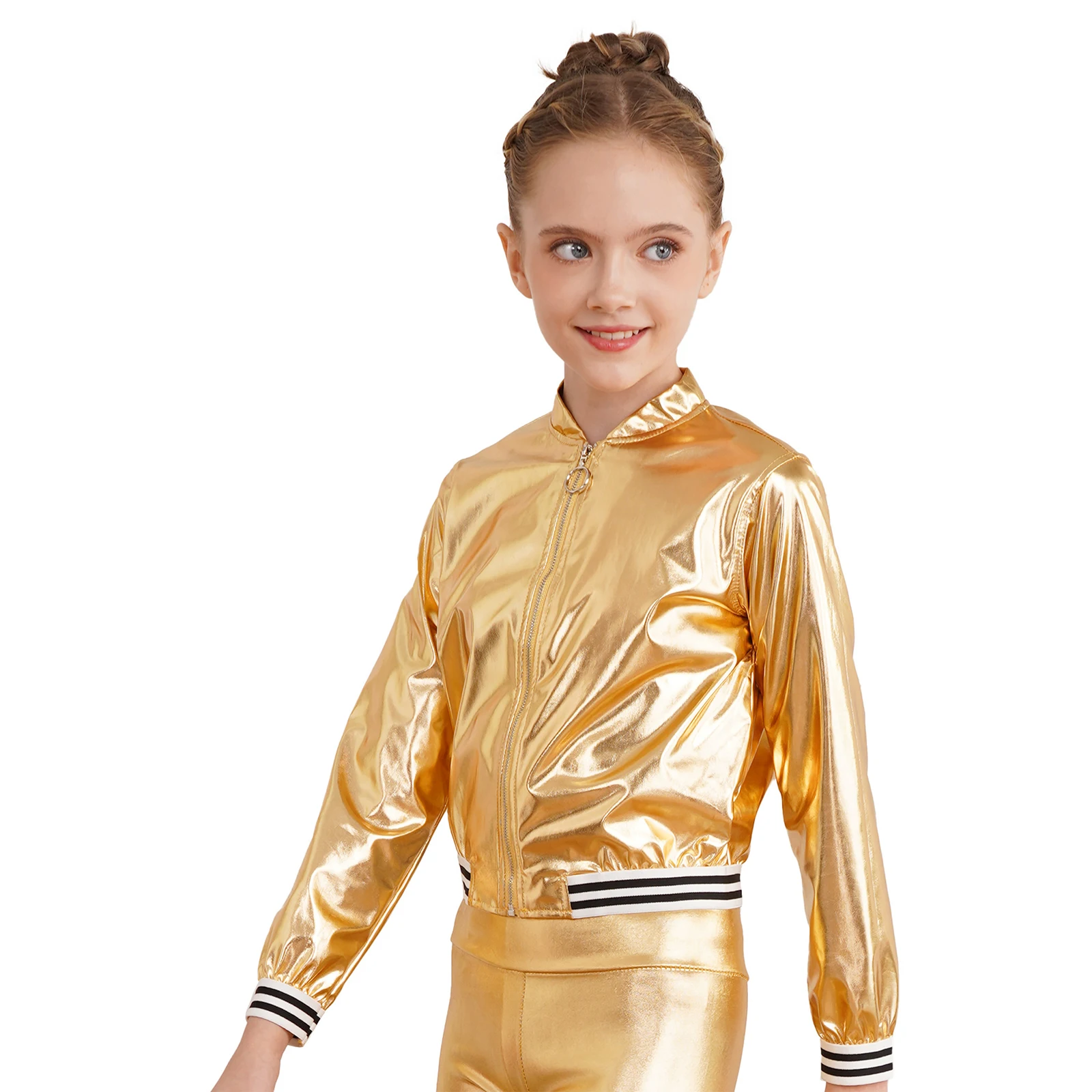 Kids Girls Shiny Metallic Zip Up Flight Jacket Bomber Coat Outerwear for Hip Hop Jazz Dance Stage Performance Streetwear