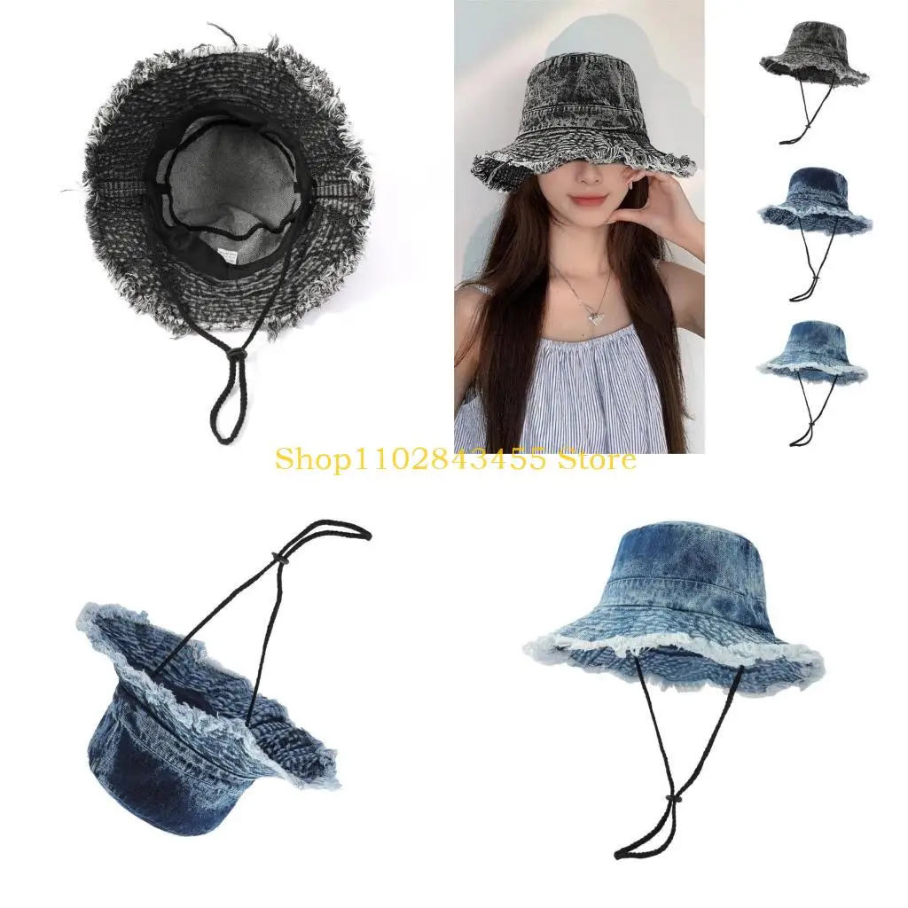 49MC Distressed Bucket Hat Multiple Color Fishing Hat Frayed Edge Bucket Hat Adult Summer Spring Sunproof Fisherman Hat