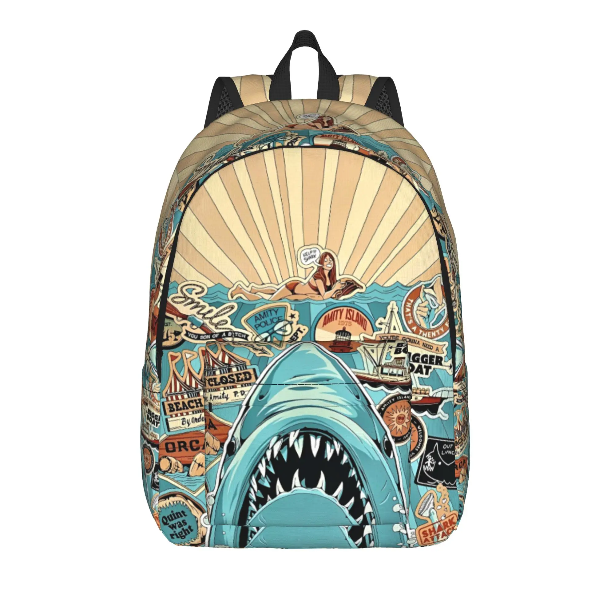 Jaw-Shark Classic Film Amity Island Rucksack für Männer, Frauen, Teenager, Studenten, Wandern, Reisen, Tagesrucksack, Horror-Laptop-Umhängetasche, Outdoor