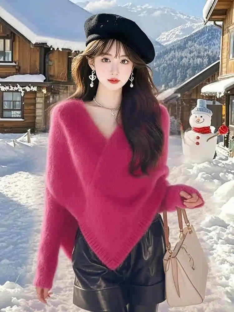 

French Style Temperament Soft Solid Color Elegant Rose Red Cape Shawl Sweater Women's 2025 Winter New Style Tops