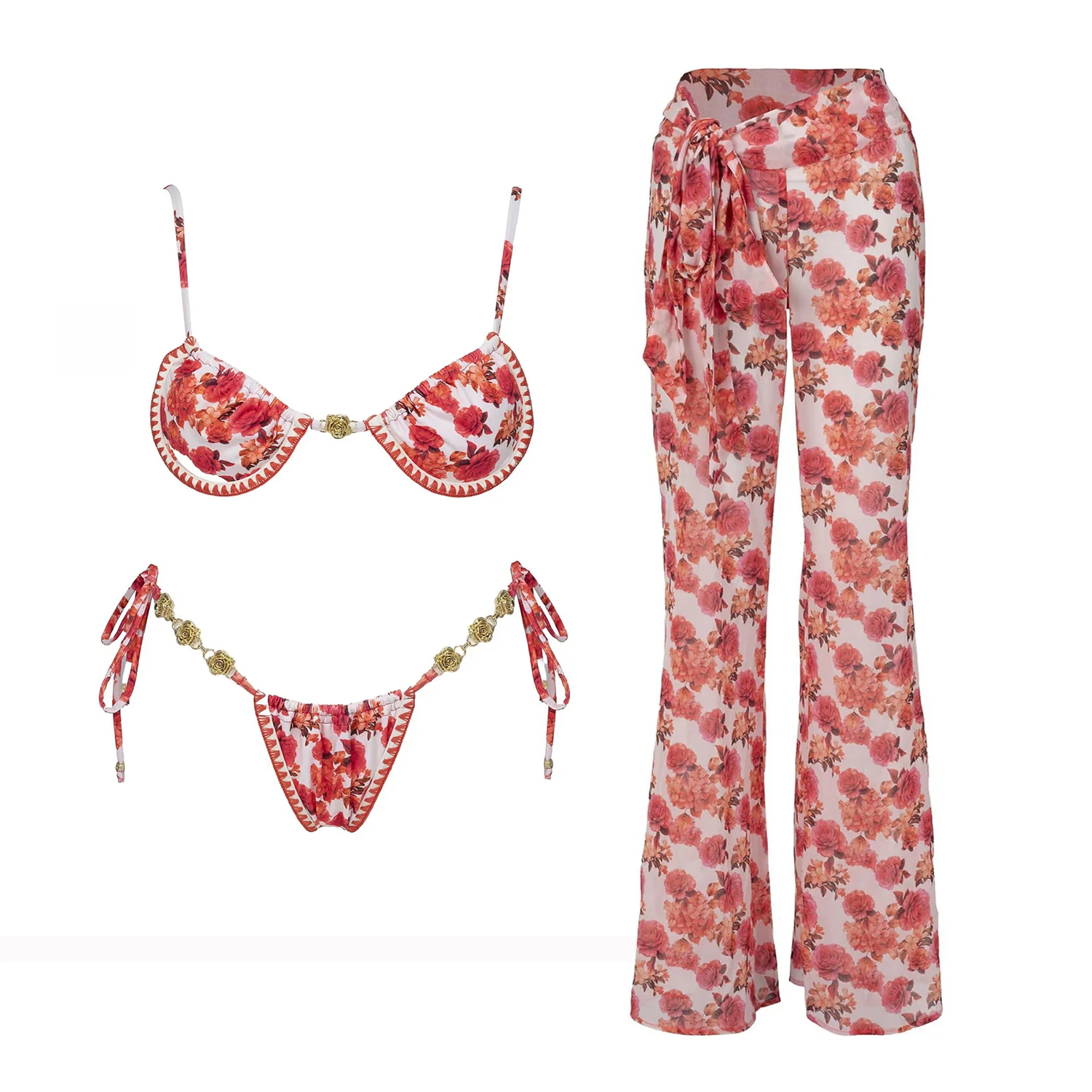 

Сексуальные женские купальники с цветочным принтом, 3 предмета, пуш-ап, микро-бикини, пляжный комплект