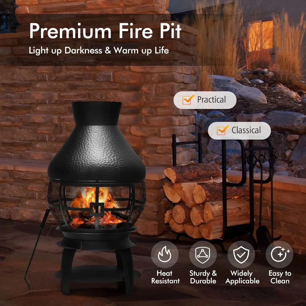 Wood Burning Chiminea, Heavy Duty Fireplace Chiminea Wooden Fire Pit with 2-Piece Log Grate, Premium Rain Cap & Fire Poker