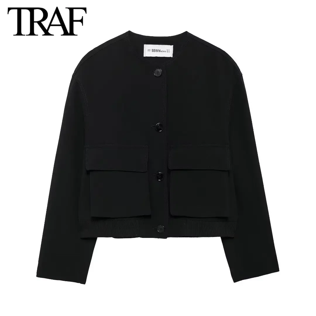 TRAF Women Fashion Autumn Flip Pocket Solid Pilot Jacket Long-sleeved Single Breasted Round Neck Short Coats Chic Female Tops