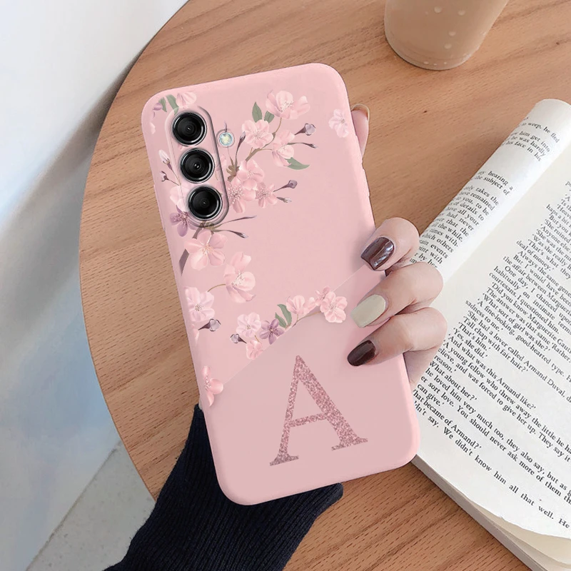 Initial Letter A Z Case For Samsung Galaxy A54 A55 A56 A06 Cover Pink Flowers Soft Silicone Back Funda Coque Bumper Couple Bags