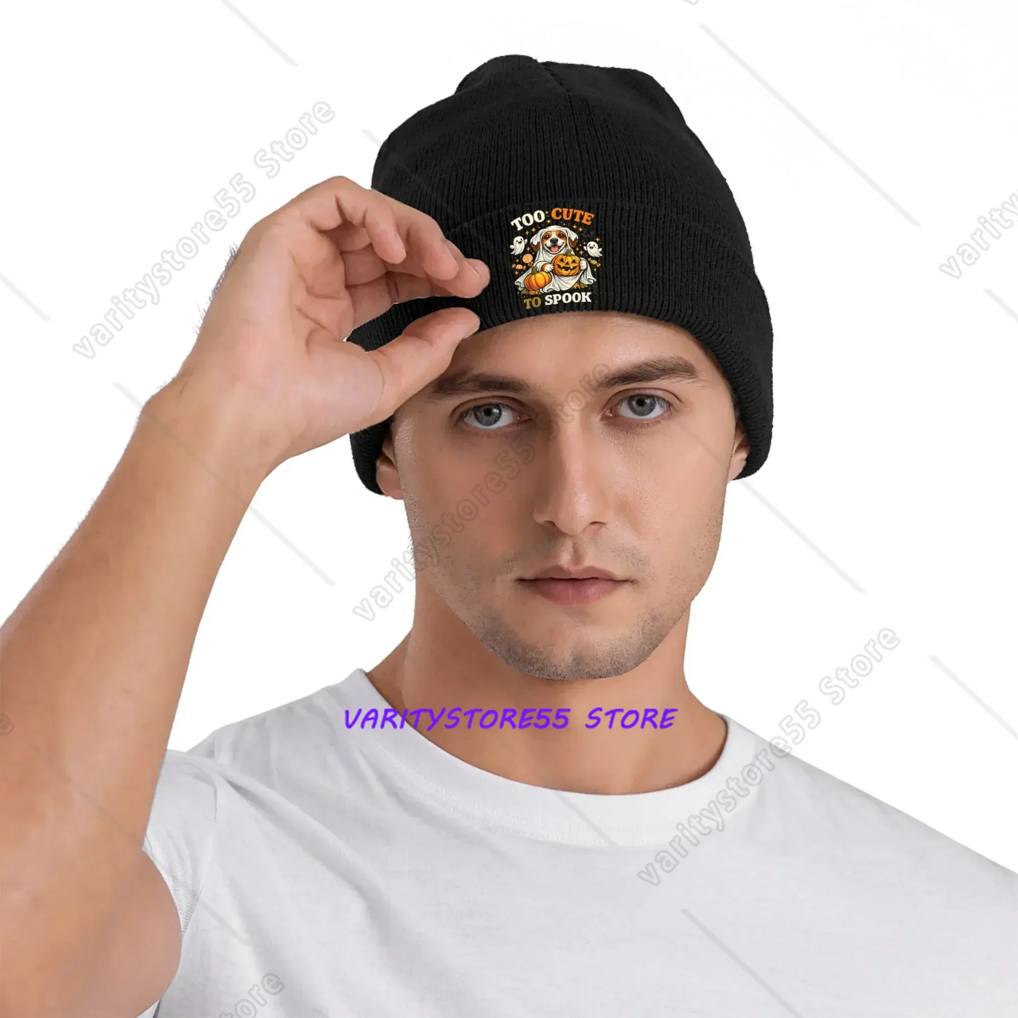New Funny Beagle Ghost Too Cute To Spook Thanksgiving Halloween Bonnet Beanie Hats Spring Graphic Skullies Beanies Elastic Cap
