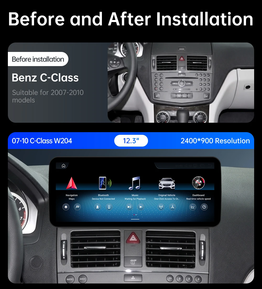 Right Hand Drive for Mercedes Benz C Class W204 2007-2010 Wireless Auto CarPlay Car Multimedia Video Player GPS Navigation DSP