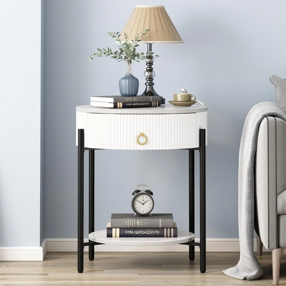 

Round End Table with Drawer, Modern 2 Tier NightStand with Shelf, Small Side Table with Sintered Stone Tabletop for Living