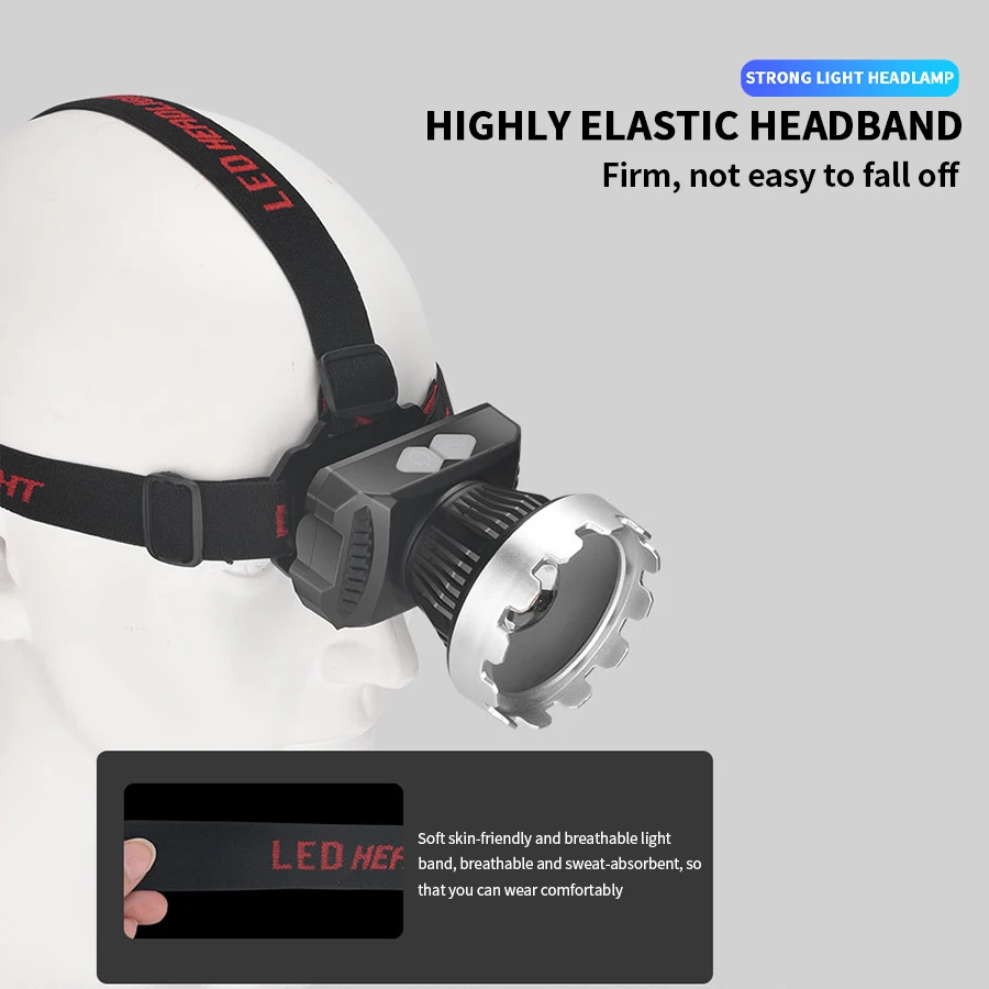 Powerful XHP50 LED Headlamp with 3 Modes Built-in 16850 Battery USB Rechargeable Head Torch Lamp Camping Emergency Lantern