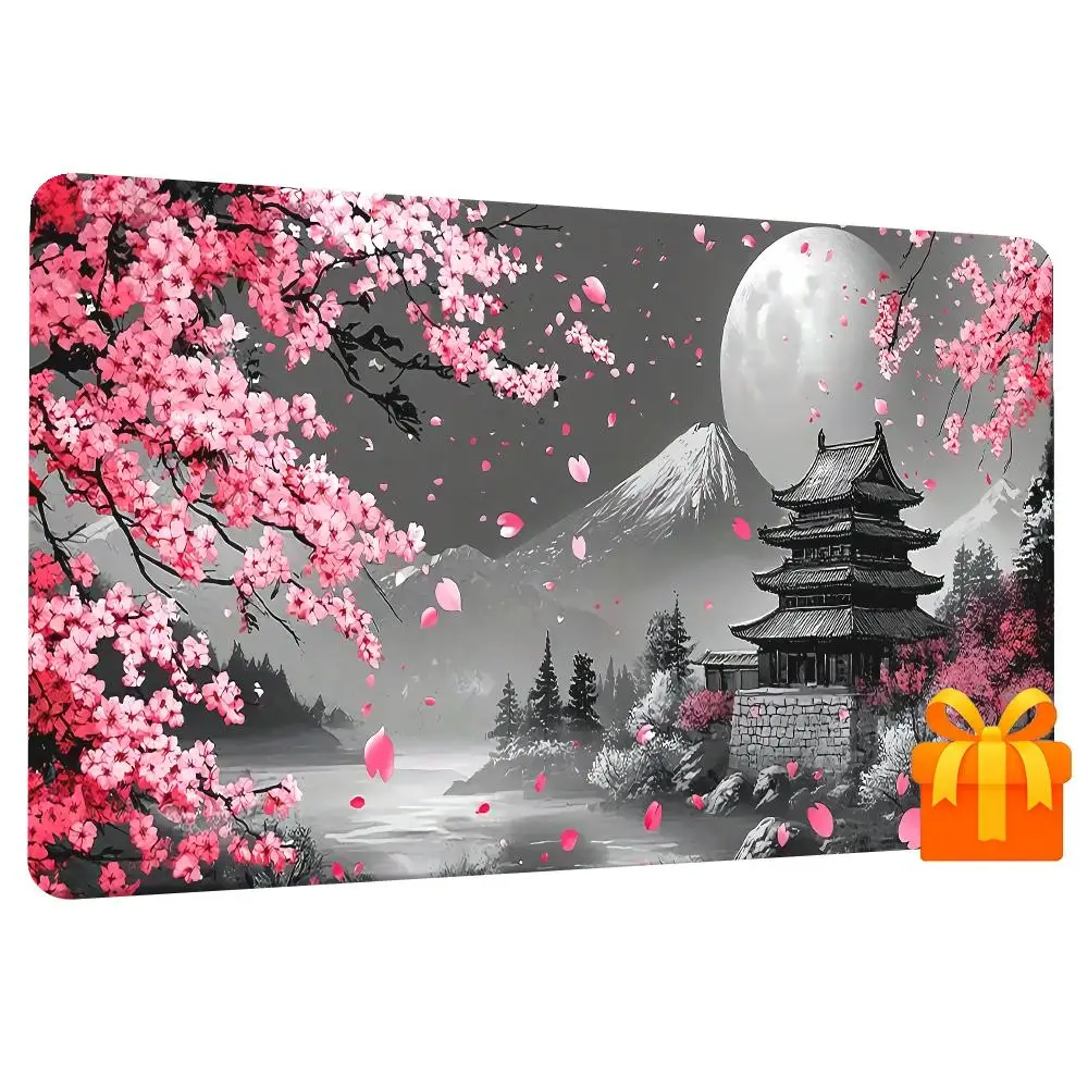 Oriental Chinese Ink Wash Mountain Temple Full Moon Landscape Playmat Rubber Non‑Slip TCG Card Game Desk Mouse Pad