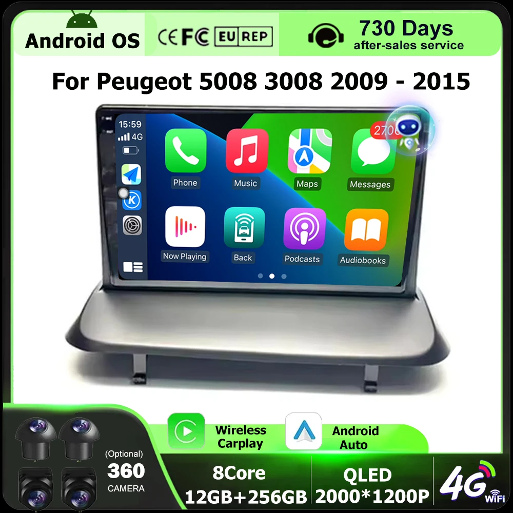 

Автомобильный радиоприемник, GPS-навигация, мультимедийный видеоплеер, инструменты для Peugeot 5008 3008 2009-2015, Android 16, беспроводная камера Carplay 360