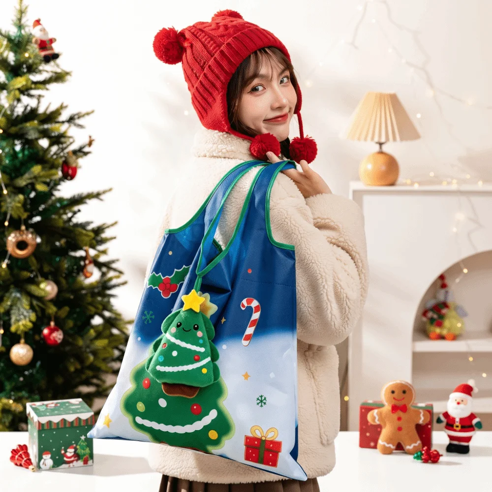 Bunte Weihnachts-Einkaufstasche, Mini-Reißfeste Cartoon-Handtasche mit Taschenfach, Platzsparende 2-in-1-Tasche mit Charm-Beutel – Detail 8