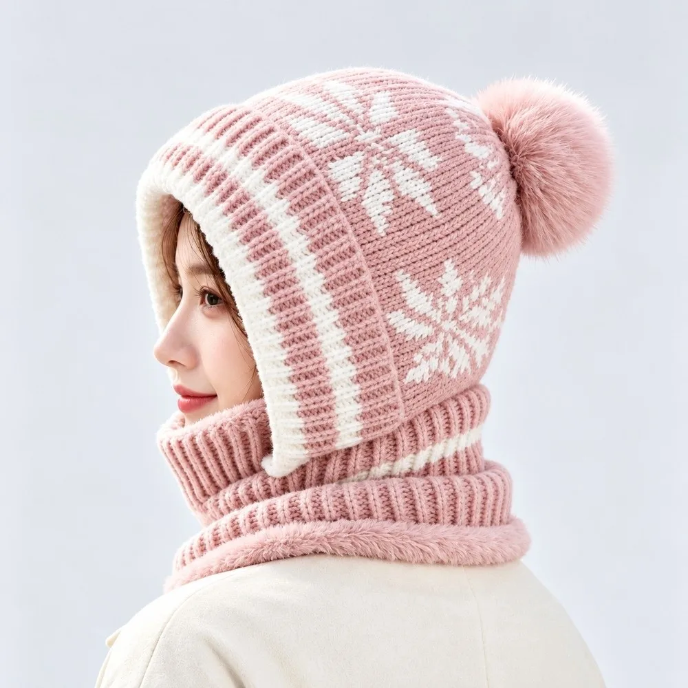 Fleece Lining Knitted Balaclava Hat Ear Protection Thick Warm Integrated Scarf Cap Snowflake Jacquard Fluffy Pom
