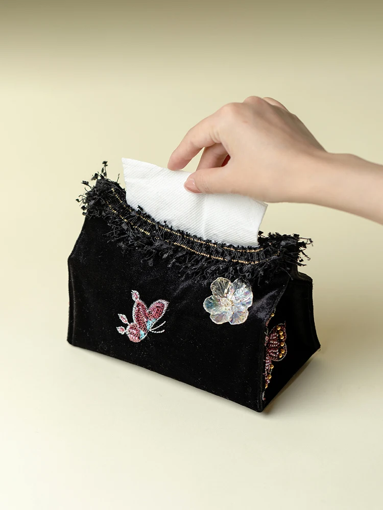

Velvet Floral Patterned Tissue Box Holder Home Decorative Carriage Mounted Living Room Decor Tissue Storage Box