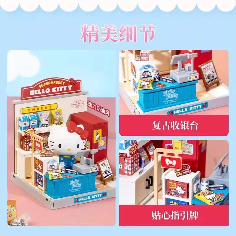 Sanrio Family Cute Fun Shopkeeper Wooden Building Blocks Hello Kitty Hello Kitty Miniature Model Patchwork Toy Collection Gift