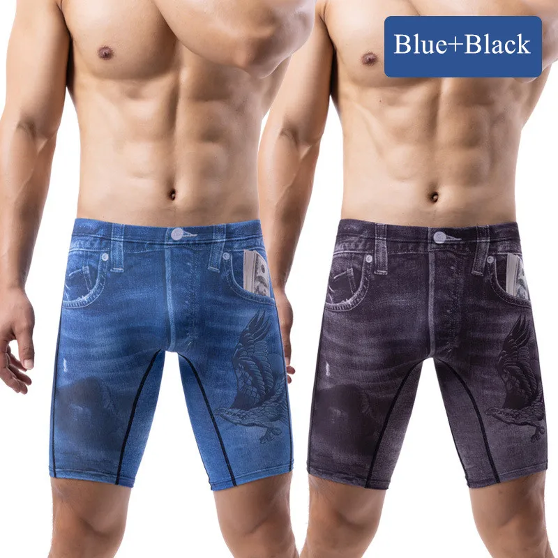 

2-Pack Men's Underwear Boxer Shorts Homme Print Jean Panties Man Breathable Ice Silk Pouch Long Underpants Cueca Plus Size L-4XL