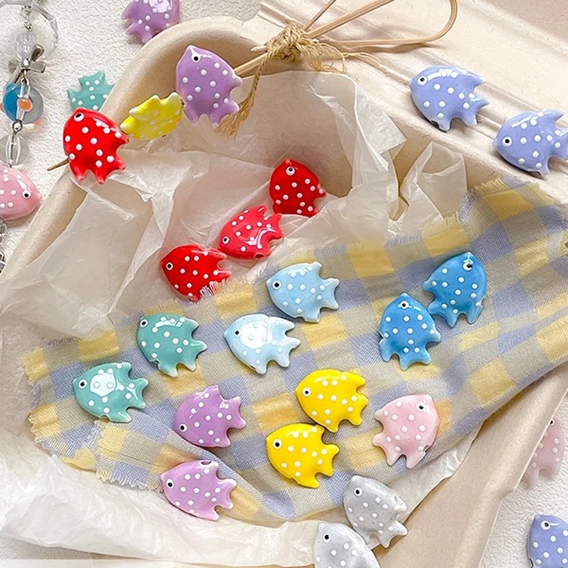 6pcs Colorful Polka Dot Ceramic Fun Tropical Fish Double-sided Beaded Straight Hole Loose Beads Diy Handmade Bracelet Accessory