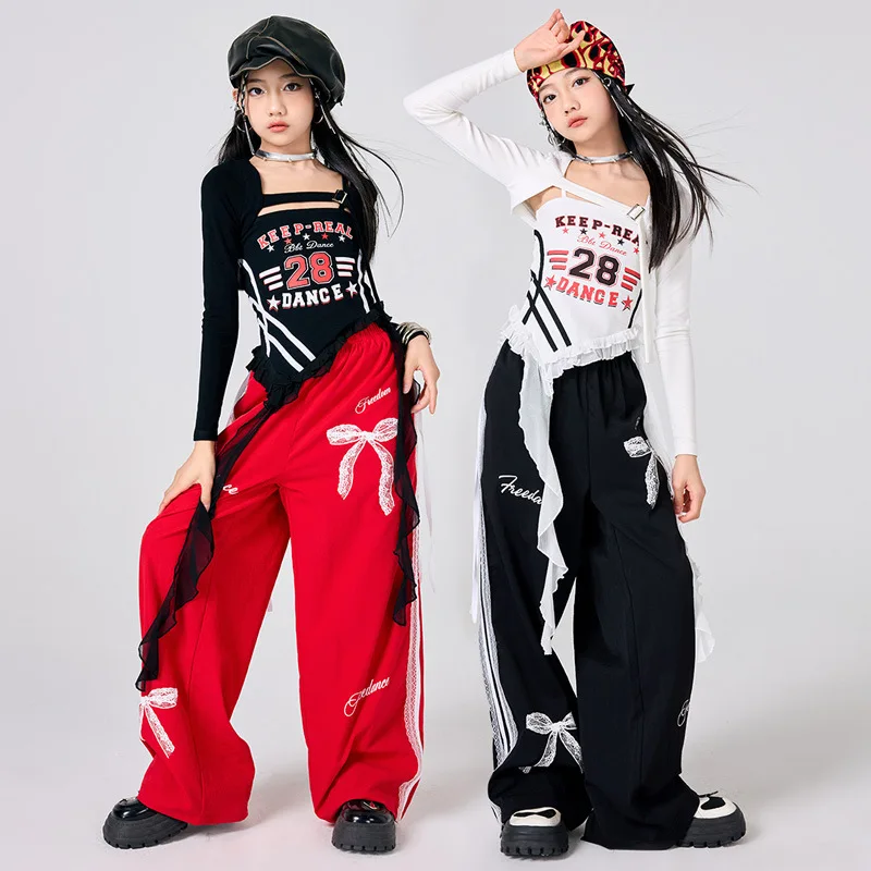 New Girls K-Pop Jazz Stage Outfits Black White Top Hip Hop Dance Costume Fashion Show Stage Clothes Street Set Red Skirt Pants