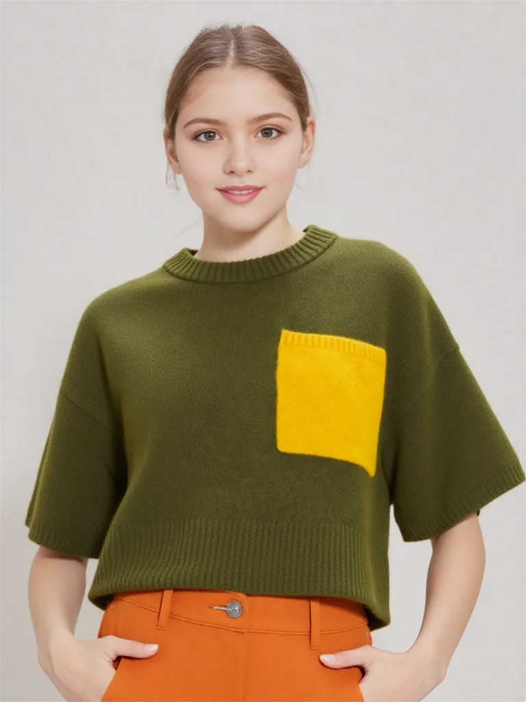 2025 Aurumn New Women's Fashion Casual Knitted T-shirt round Neck Polyester Cotton Contrast Ladies Knitwear Short Sleeve Hot