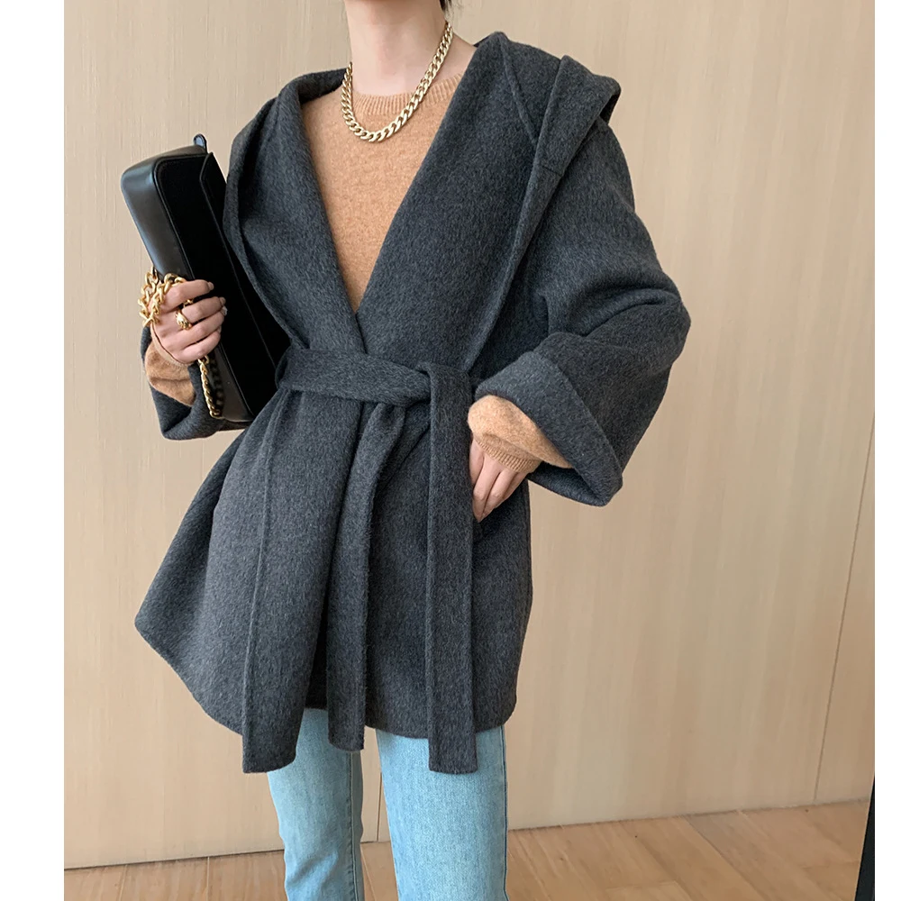 2024 Women Autumn Coats Open Stitch Hooded Woolen Coat Drouble Face Wool Women Winter Cape Femme Tops