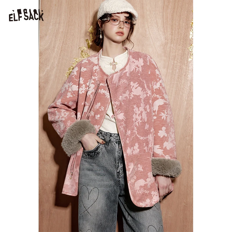 ELFSACK New Oriental Elegant Design Ethnic Print Plush Trim Round Neck Coat For Women