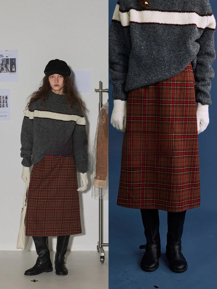 

Relez Faionable Plaid Midi Skirt Women's Winter New Sle Versatile High-End Feeling f-length Skirt Commute Sle