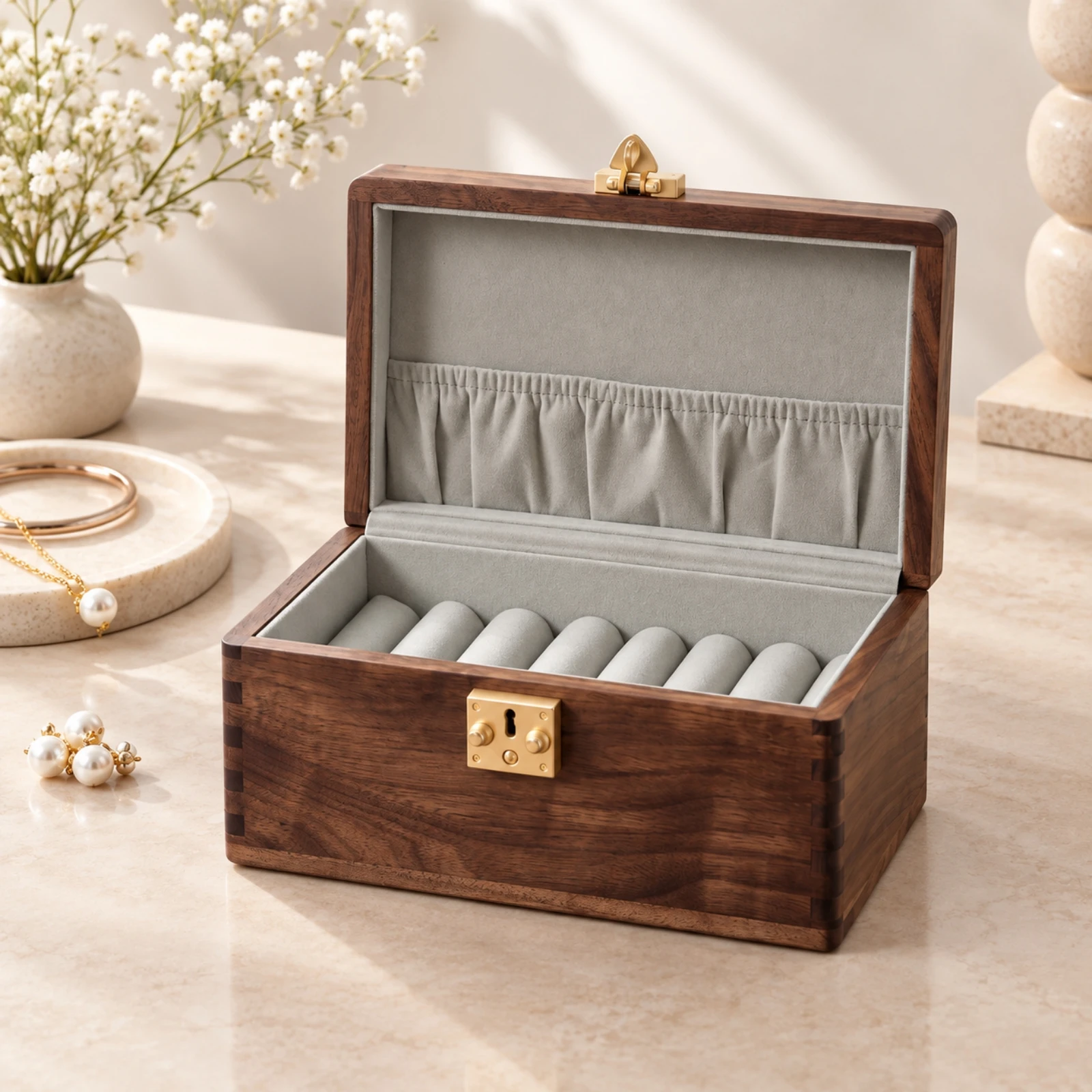 Walnut Wooden Bracelet Jewelry Box Rounded Edges Wooden Jewelry Box with Bracelet Rolls Padded Multi-Compartment for Dresser