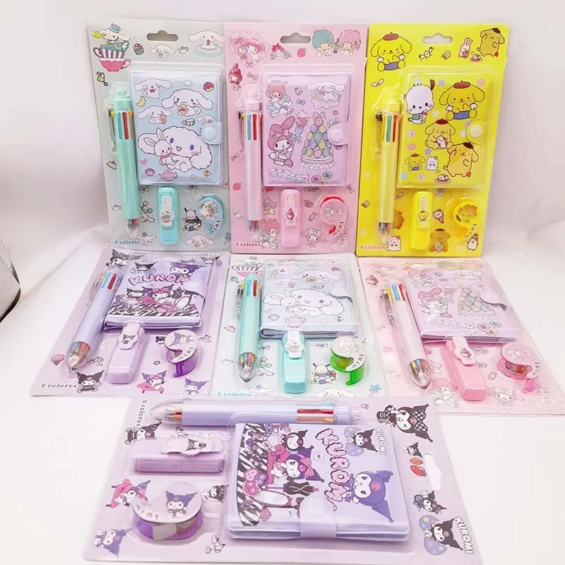 4/12pcs Sanrio Notebook Stationery Set Kuromi Cinnamoroll Melody 8-color Pen Fluorescent Pen Sticker School Supplies Wholesale