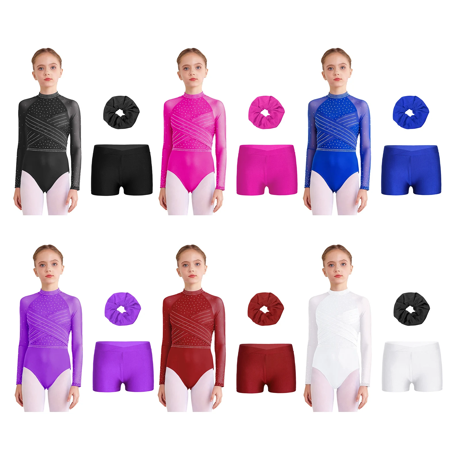 3 조각 어린이 소녀 체조 발레 댄스 복장 쉬어 메쉬 긴 소매 크로스 프론트 컷 아웃 백 레오타드 + 반바지 + 헤어 밴드 세트