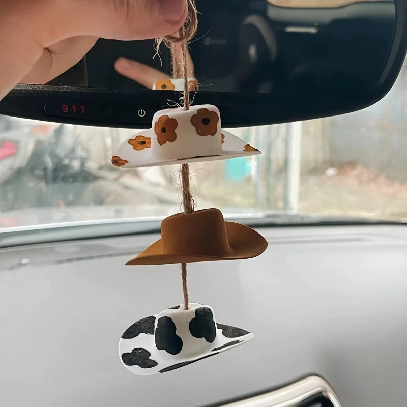 Cowboy Hat Rearview Mirror Car Pendant Hanging Ornament Vehicle Interior Decor Accessory Charm Durable Fashion Stylish Trend