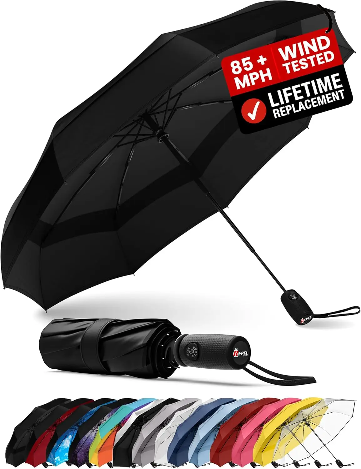

REPEL Windproof Travel Umbrella - Compact & Withstands Winds up to 85MPH , Strongest Premium Auto