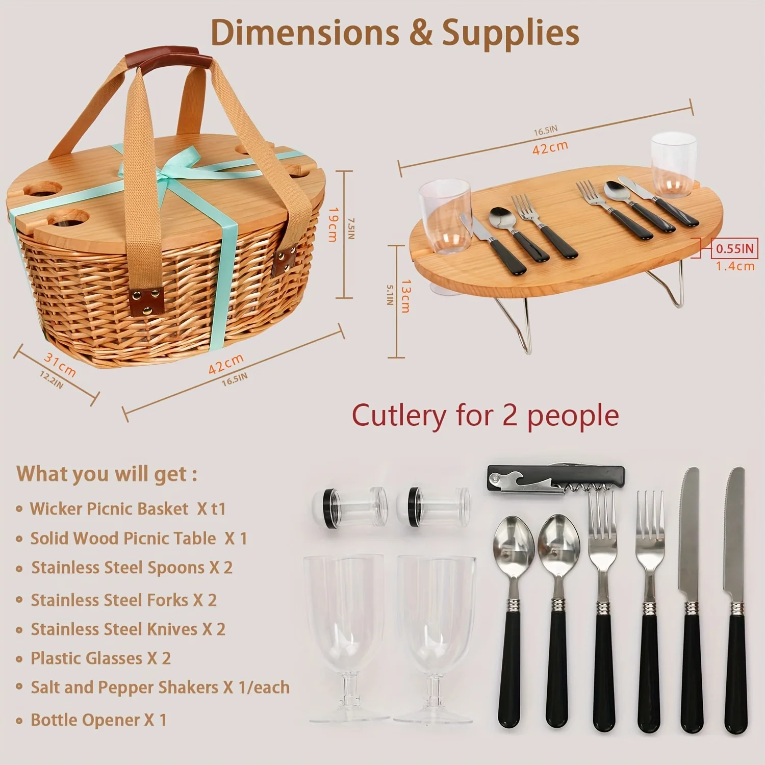 【100% Handmade】2/4 Person Picnic Basket Set, includes a mini folding picnic table, a large insulated cooler bag, and cutlery set