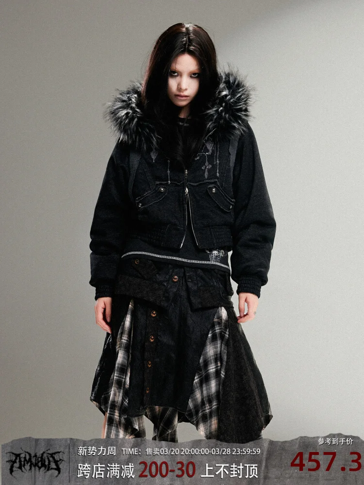 

ARIADNAw оригинальный дизайн вышивка Revits пушистый воротник короткая толстовка с капюшоном в стиле панк флисовая свободная куртка пальто