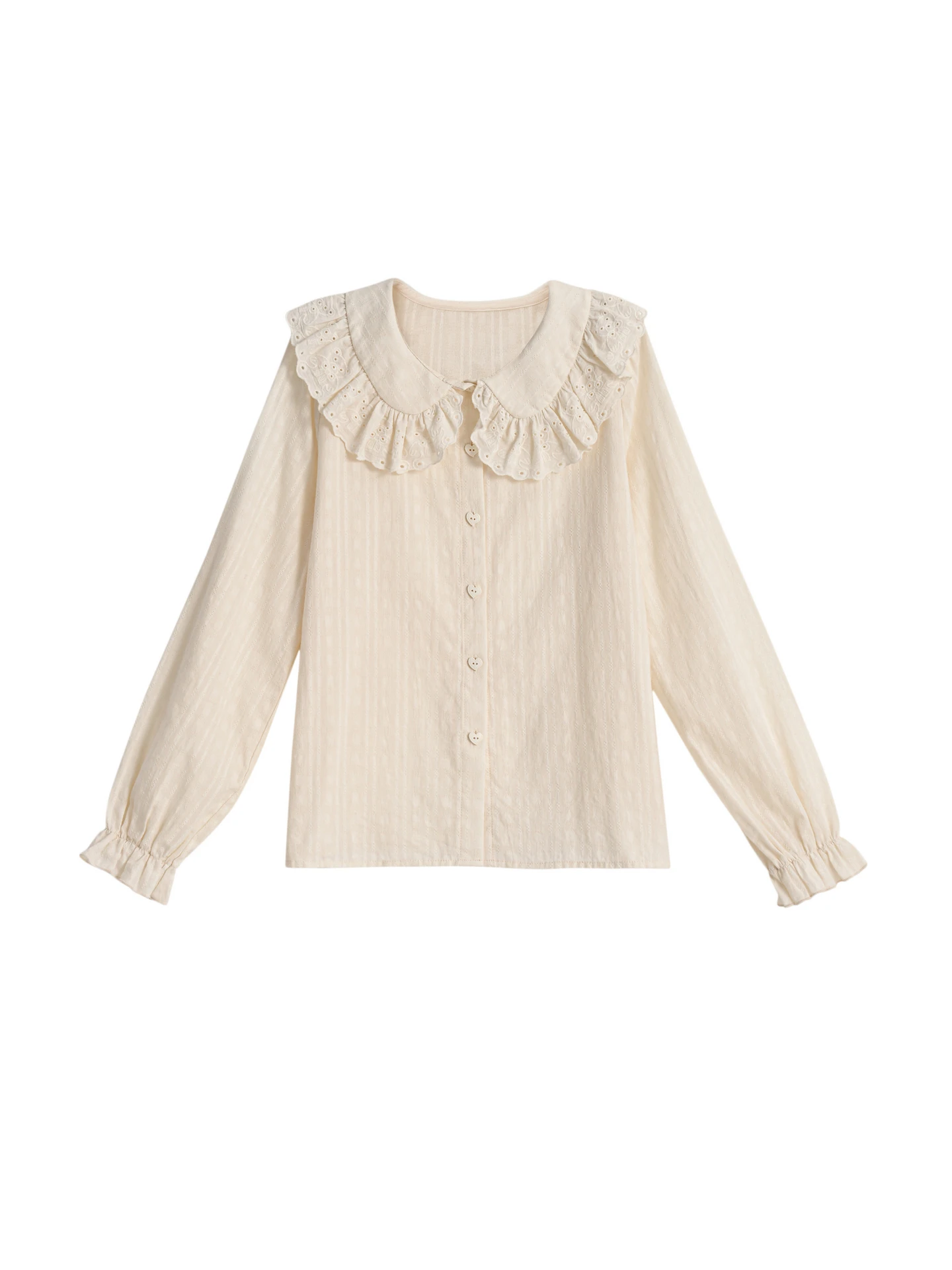 Sweet Style Long Sleeve Doll Collar Embroidered Hollow out Loose Cotton Shirt for Women Breathable Casual Top Autumn Wear