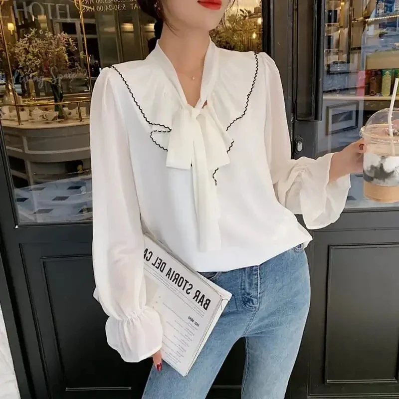 Women Chiffon Blouses White Fashion Casual Long Sleeve Black Blusas Mujer Bow Neck Office Ladies Ruffles Puff Sleeve Tops Shirts