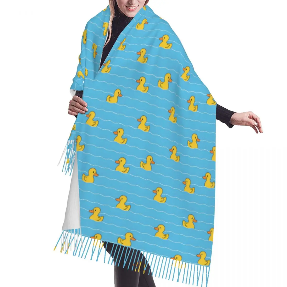 

Custom Cartoon Duck Swimming Wave Pattern Tassel Scarf Women Soft Shawls Wraps Ladies Winter Scarves