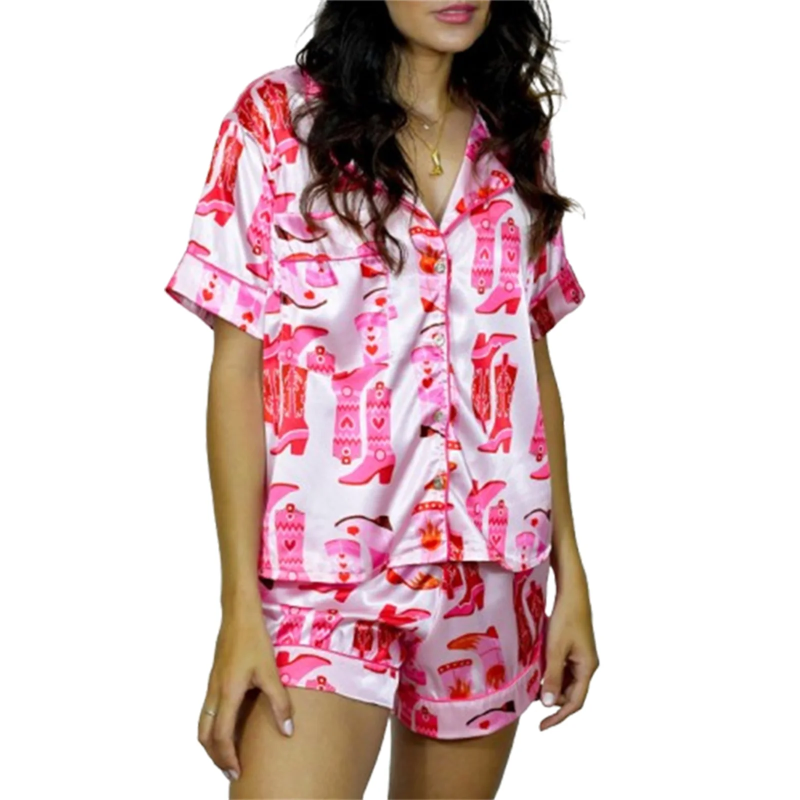 

Женские рубашки с короткими рукавами и принтом, топы, шорты, пижамные комплекты из 2 предметов, одежда для сна