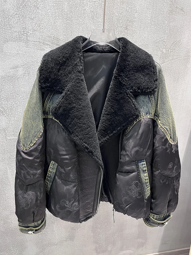 

2025 женская теплая зимняя джинсовая куртка с воротником из натурального мериноса и овечьего меха, пальто на гусином пуху, плотная верхняя одежда, женские пальто с перьями, верхняя одежда