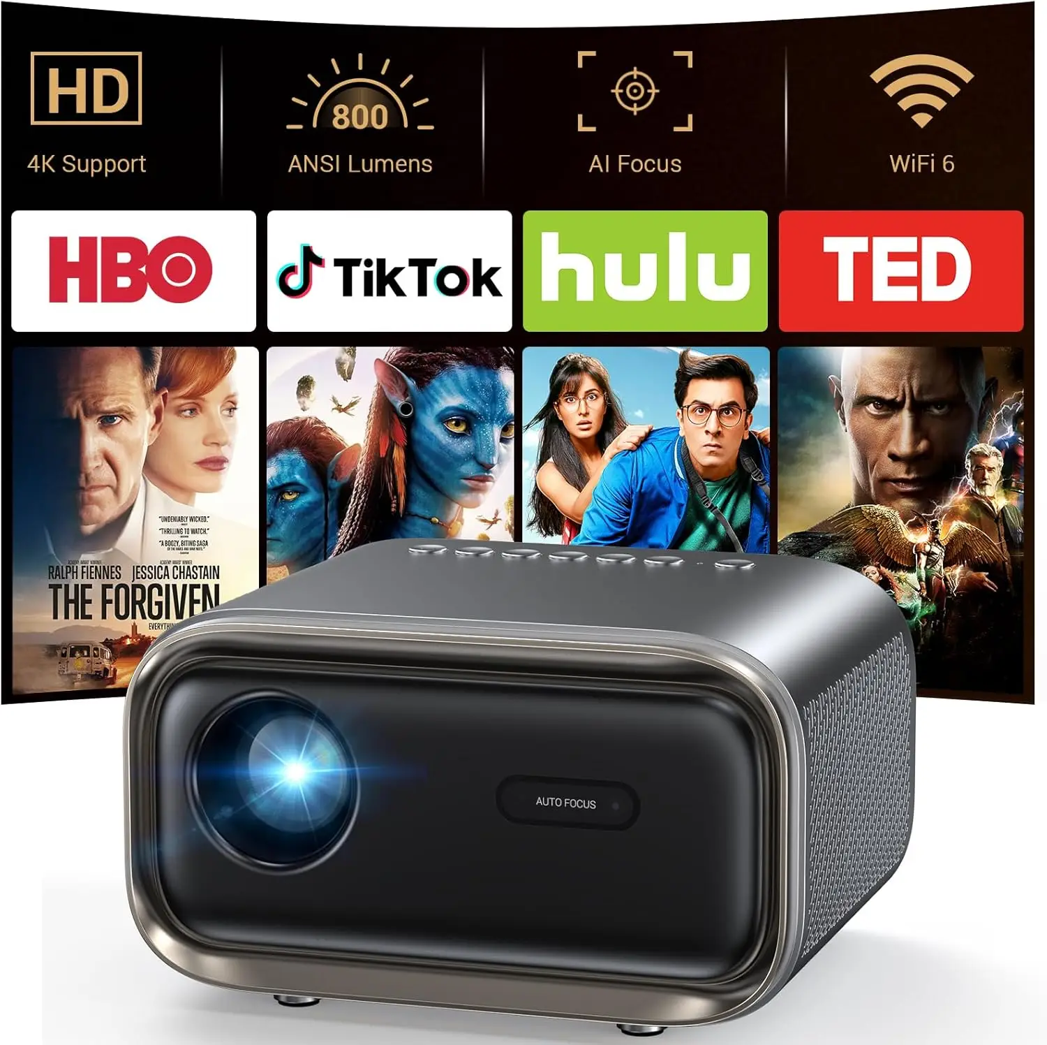 Proyector Portátil WiFi Bluetooth: Enfoque Automático, Full HD 1080P, Compatible con 4K para Juegos y Teléfonos - Uso Interior y Exterior