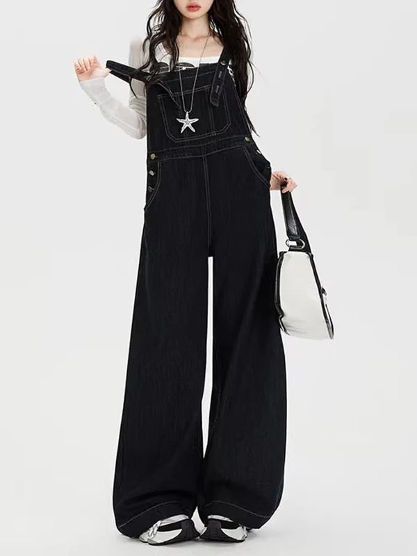

American Retro Denim Overalls Women's Summer New High Waist Loose Age-Defying Casual Wide Leg Jumpsuit Casual Cotton Blend