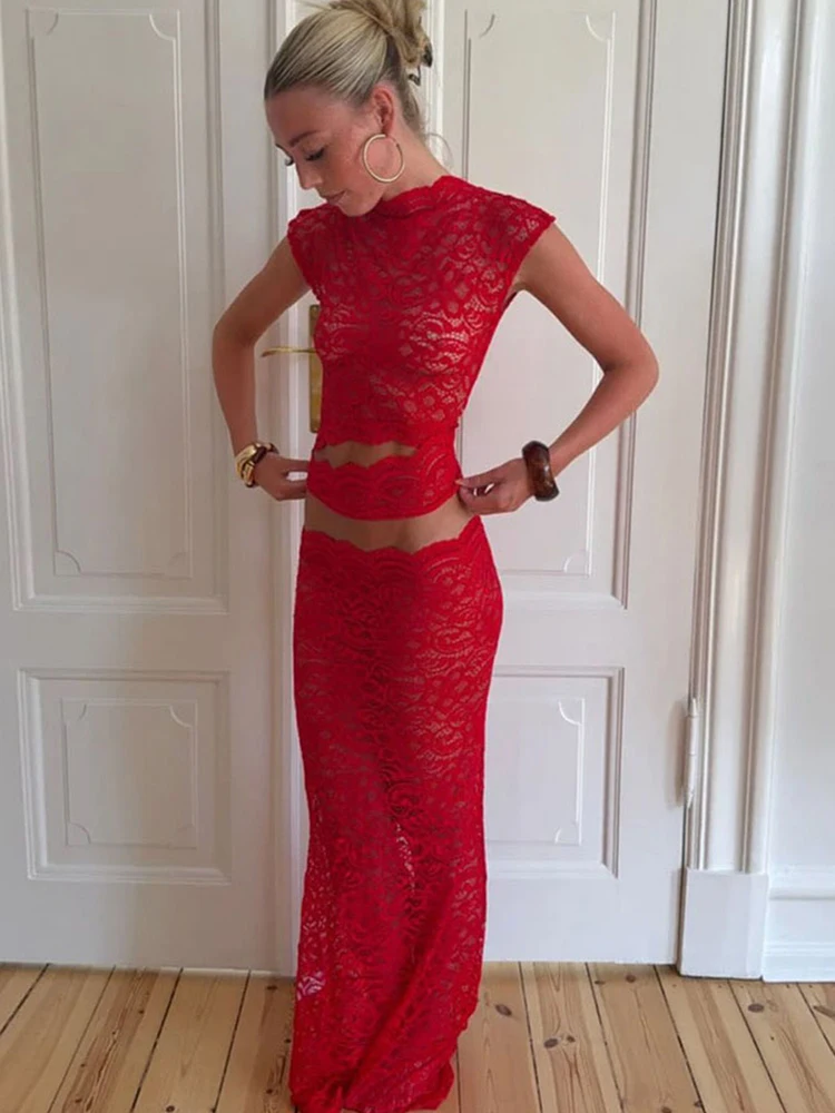 큐트뉴 자카드 2피스 세트 여성 섹시 홀로우 불규칙 탱크탑+롱 스커트 2025 여름 매칭 클럽웨어 섹시 의상