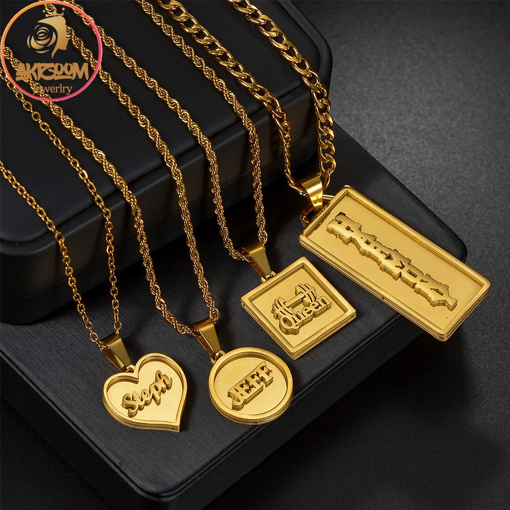 Akizoom Custom Name Punk Necklace 2 Sides Welding Rope Chain Coin Pendant Stainless Steel Jewelry for Woman Kid Customized Gift