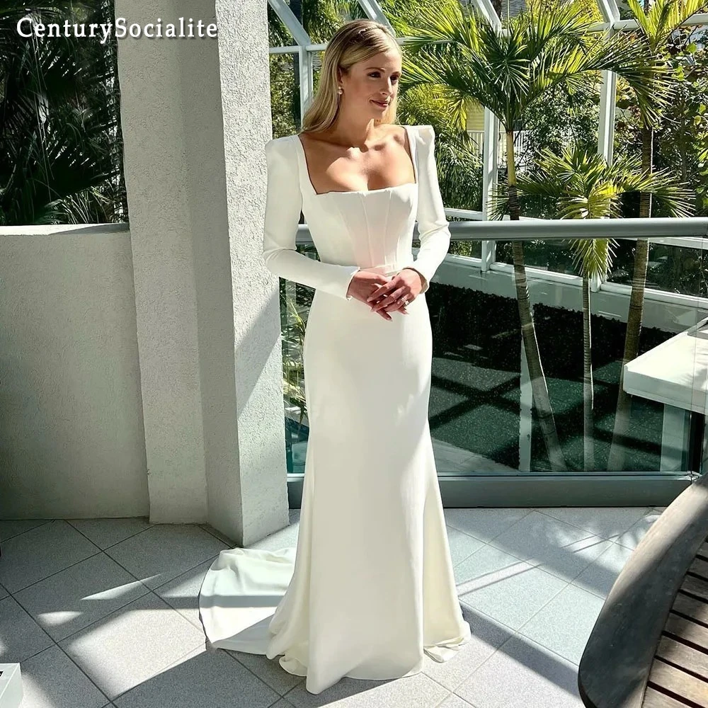 Civil Wedding Dress Mermaid 2025 Square Collar Backless Crepe Simple Wedding Gowns Long Sleeve Elegant Bridal Dresses Customized