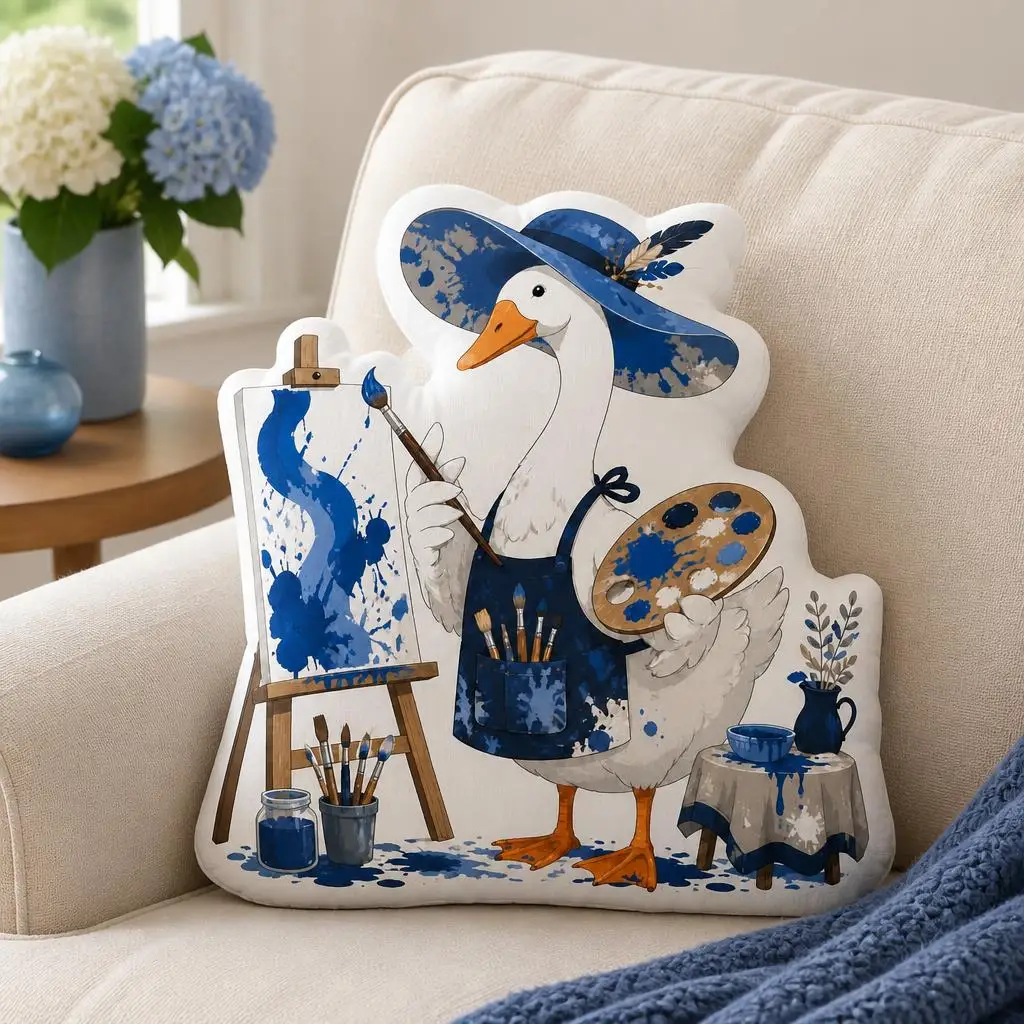 Goose Painter Pillow Artist Paint Studio Cushion Irregular Stuffed Throw Pillow Blue Painting Art Home Decor Gift for Artists
