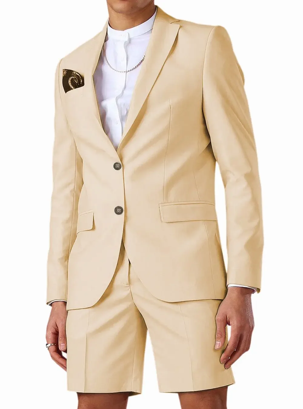 

2024 New Champagne Men's Short Pant Casual Summer Suits 2 Piece Tuxedo Groom Beach Wedding Dress (Blazer+Pants)