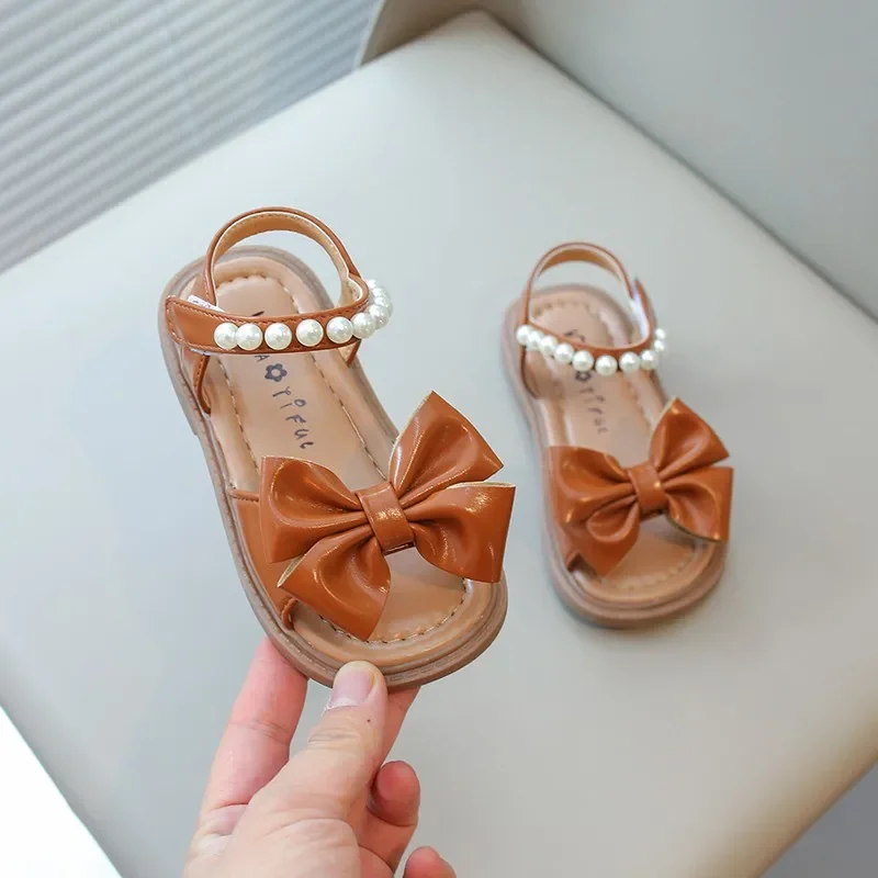 Toddlers Girls Leather Sandals Princess Soft with Pearls Bowtie Sweet Children Holiday Sandals Chic Open Toes Kids Summer Shoes